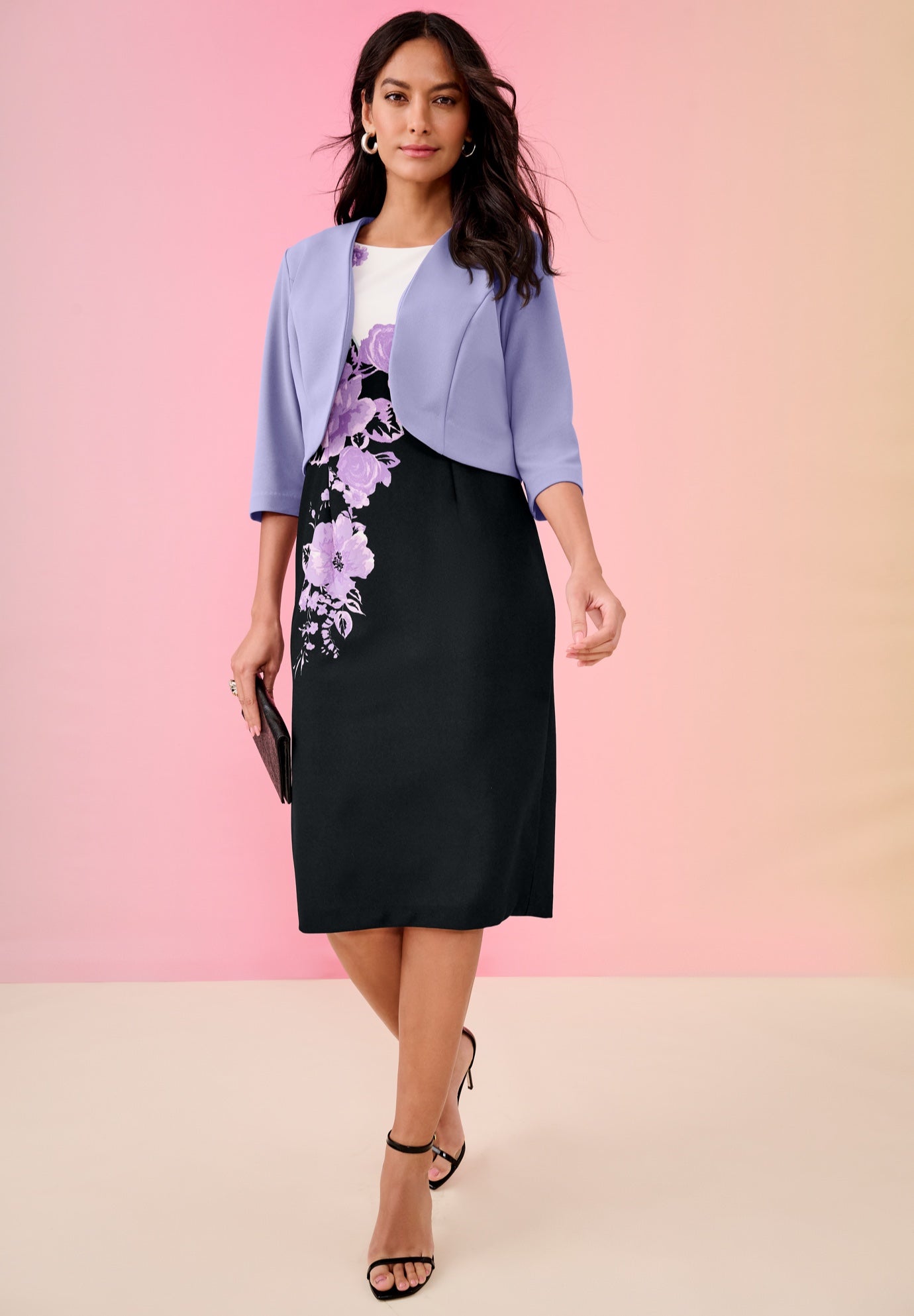 Plus Size Women's Floral Print Jacket Dress by Roamans in Lavender Black (Size 22 W)