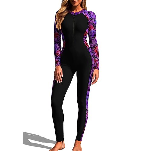 Damen Standard Anti UV Shirt Ganzkörper-Rashguard Einteiliger Surfanzug Blumenmuster Tropisch Reißverschluss mit integriertem BH Frontreißverschluss UV-Sonnenschutz vollständige Bedeckung UPF50 Image