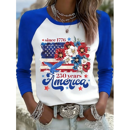 Unabhängigkeitstag Patriotisches Shirt Damen T-Shirt Grafik Flagge Buchstabe Vintage Stilvoll Klassisch Langarm Crew-Hals Regelmäßige Tops Täglich Wochenenddruck Blau Schwarz Rot Orange Sommer Image