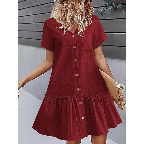 Damen Minikleid A Linie Kleid Lässig Täglich Lässiger Schnitt Einfach Kurzarm V Ausschnitt Blau Weiß Wein Armeegrün Sommer Frühling Image