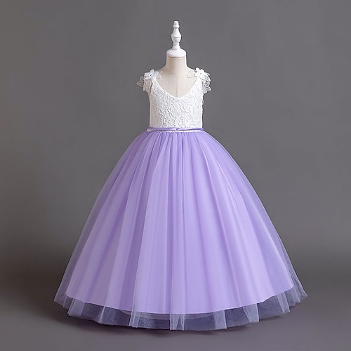 Blumenmädchenkleid Mädchen Formelle Kleidung Hochzeitskleidung Party Hochzeit Formell Niedlich Prinzessin Schön Kleid für die Erstkommunion Patchwork Netz Einfarbig Ärmellos V-Ausschnitt Hellrosa Weiß Image