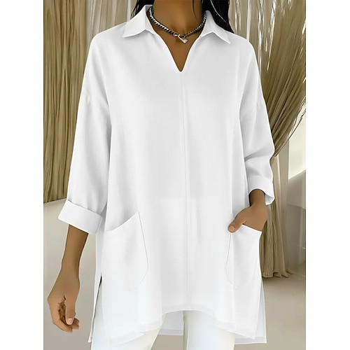 Damen Popover-Hemd Freizeithemd Bluse Patchwork Tasche Einfarbig Urlaub Stilvoll Basic Langarm Umlegekragen Lange Oberteile Täglich Outdoor Arbeit Blau Weiß Rote Purpur Orange Sommer Frühling Herbst Image