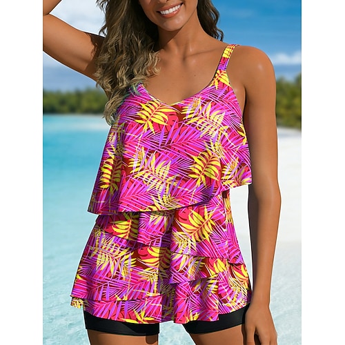 Damen Badeanzug Tankini Zweiteilig Hohe Taillenlinie Bademode Bauchkontrolle Hohe Taille Schlank Rückenfrei Urlaub Strandbekleidung Tropisch U-Ausschnitt Ärmellos Badeanzüge Image