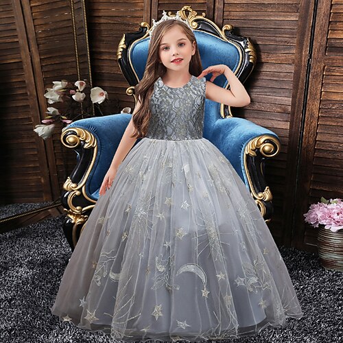 Blumenmädchenkleid Mädchen Formelle Kleidung Hochzeitskleidung Party Hochzeit Formell Niedlich Prinzessin Schön Patchwork Netz Blumen Ärmellos Rundhalsausschnitt Blau Grau Ab 4 Jahren Image
