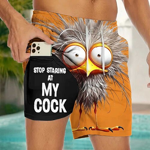 Herren Cartoon Küken Lustiger Slang Gefütterte Shorts 2 in 1 Badeshorts Badeshorts Mittlere Taille Hawaiianisch Ferien Seitentaschen Mit Kompressionsfutter Elastischer Kordelzug in der Taille Designer Image