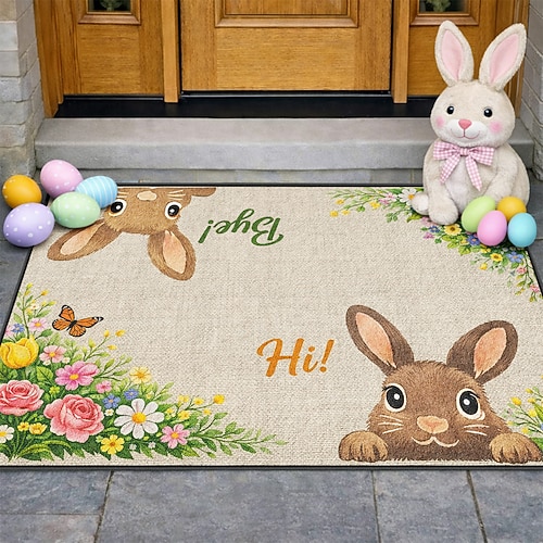 Oster-Fußmatte mit Hasen-Duo, die „Hallo" und „Tschüss" sagen, umgeben von Frühlingsblumen und Schmetterlingen – festlicher Willkommensteppich für den Eingangsbereich Image