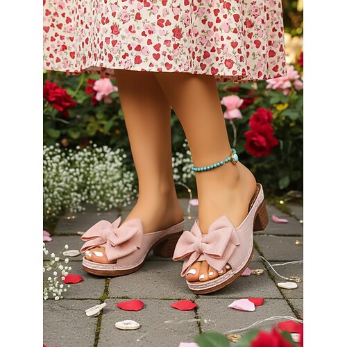 Rosafarbene Damen-Sandalen mit Blockabsatz und übergroßer Schleife – elegante Pantoletten mit offener Zehenpartie für Valentinstag, ungezwungene Treffen und Sommerpartys Image