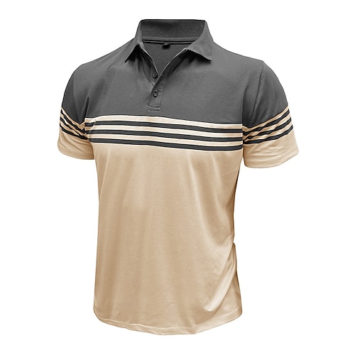 Herren Baumwoll-Poloshirt Lässig Geschäft Gerippter Polokragen Klassisch Kurzarm Basic Modern Einfarbig Horizontale Streifen Knöpfe Logo Frühling Sommer Sommer Normale Passform Dunkel Braun Image