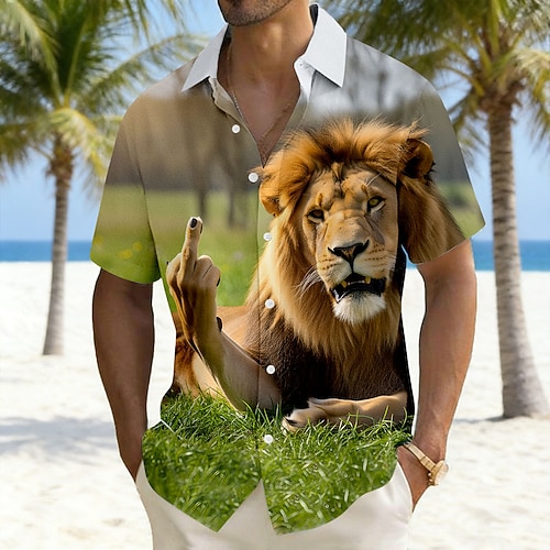 Herren Löwe Neuheit Mittelfinger Hemd Sommer Hawaiihemd Knopfhemd Kurzarm Lustig Urlaub Ferien Strandbekleidung Sommer Frühling Umlegekragen 3D-Druck Leinenähnliches Hemd Hellblau Image