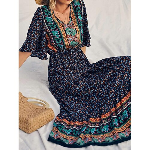 Damen Maxikleid A Linie Kleid Lässig Outdoor Ausgehen Normale Passform Blumen Kurzarm V Ausschnitt Blau Marineblau Schwarz Gelb Sommer Frühling Image