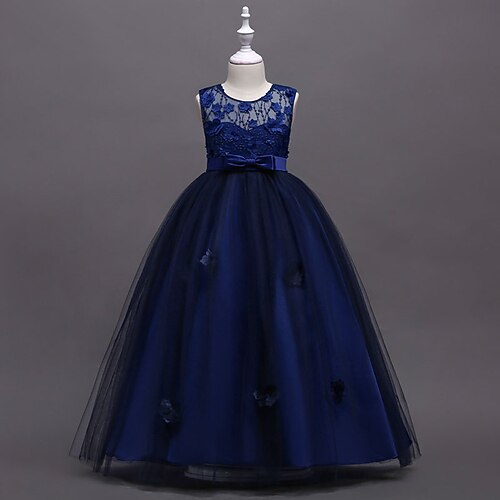 Blumenmädchenkleid Mädchen Formelle Kleidung Hochzeitskleidung Party Hochzeit Formell Formell Prinzessin Netz Einfarbig Ärmellos Rundhalsausschnitt Blau Weinrot Ab 4 Jahren Image