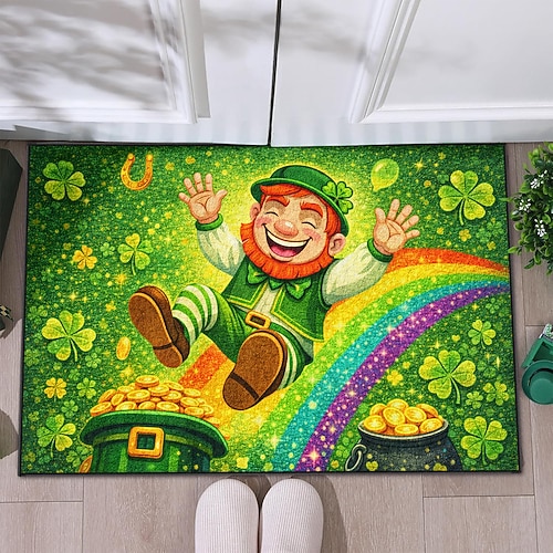 Fußmatte zum St. Patrick's Day: Fröhlicher Kobold rutscht den Regenbogen hinunter, mit einem Topf voll Gold und Kleeblättern – festliche Dekoration im Irland-Stil Image