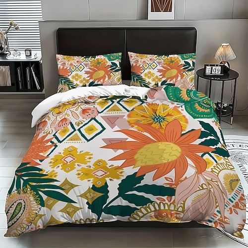 Bettwäsche-Set mit floralem Boho-Muster, 3-teilig, im Hotelstil, Queen-Size, bestehend aus 1 Bettbezug und 2 Kissenbezügen, aus weichem Kurzplüsch. Ohne Bettdecke. Image