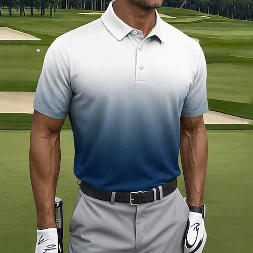 Herren Farbverlauf Golf Sport-Poloshirts Kurzarm Polo-Shirts Hemden mit Kragen Lässig Athleisure Knöpfe Sommer Blau Image