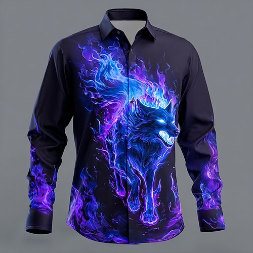 Herren Schädel Blitz Flamme Hemd Knopfhemd Lässiges Hemd Langarm Dunkler Gothic-Stil Streetwear Urlaub Frühling Herbst Umlegekragen 3D-Druck Hemden mit Kragen Blau Schwarz Dunkelviolett Image