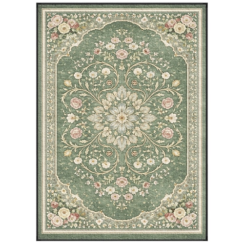 Eleganter, dekorativer Teppich in Salbeigrün mit Rosenmuster, perfekt für Wohnzimmer und Wintergarten. Image