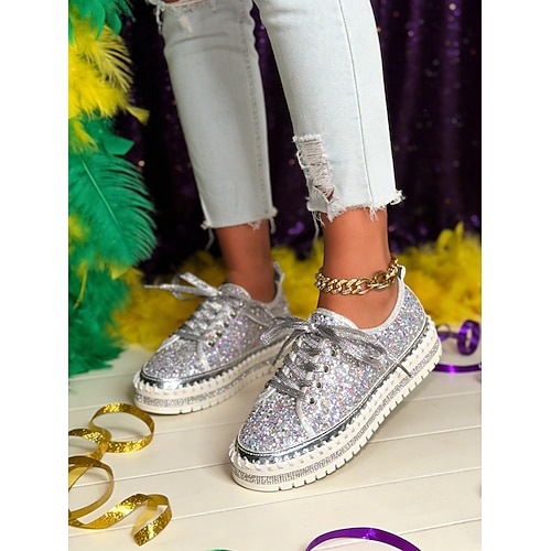 Damen-Plateau-Sneaker mit Roségold-Glitzer, funkelnde Schnürschuhe für Karnevalsfeste Image