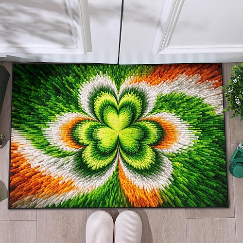 Fußmatte zum St. Patrick's Day mit 2D-Flachdruck, strahlendem vierblättrigem Kleeblatt-Design in Grün-, Orange- und Weißtönen – perfekt für festliche Dekorationen. Image