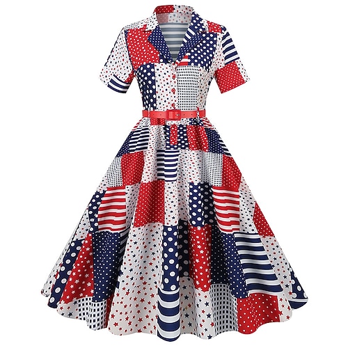 1950er American 250 Retro Vintage Midlänge Kleid Swing-Kleid Ausgestelltes Kleid Kurze Ärmel A-Linie Kostüm Damen 4. Juli Unabhängigkeitstag Fünfhundertjahrfeier Erwachsene Kleid Frühling Sommer Image