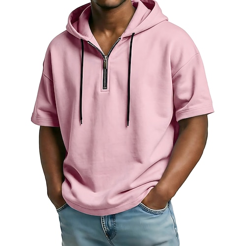 Herren T Shirt Hoodies mit Reißverschluss T-Shirt Kurzarm Reißverschluss Sommer Frühling Einfarbig Traditionell / Vintage Lässig Mit Kapuze Heim Formell Sport Outdoor Rosa Weiß Schwarz Top T-Shirt Image