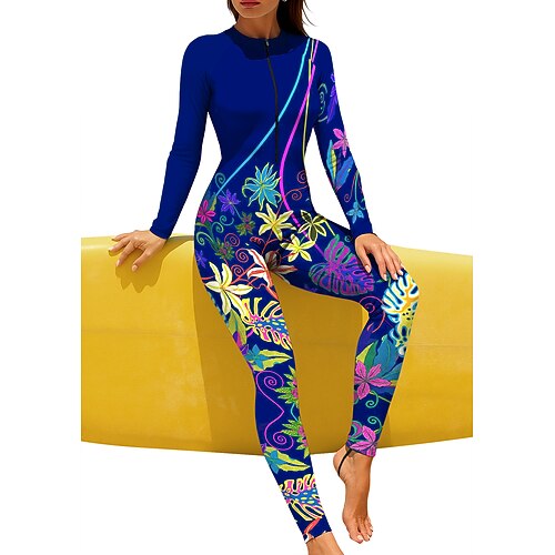 Damen Regulär Anti UV Shirt Ganzkörper-Rashguard Badeanzug Blumenmuster Tropisch Farbblockierung mit integriertem BH Frontreißverschluss UV-Sonnenschutz UPF50 Elastisch Handyhülle für das ganze Handy Image