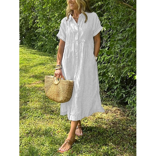 Damen Midikleid A Linie Kleid Urlaub Lässig Outdoor Ausgehen Lässiger Schnitt Gestreift Kurzarm Umlegekragen Blau Weiß Rote Purpur Sommer Frühling Herbst Image