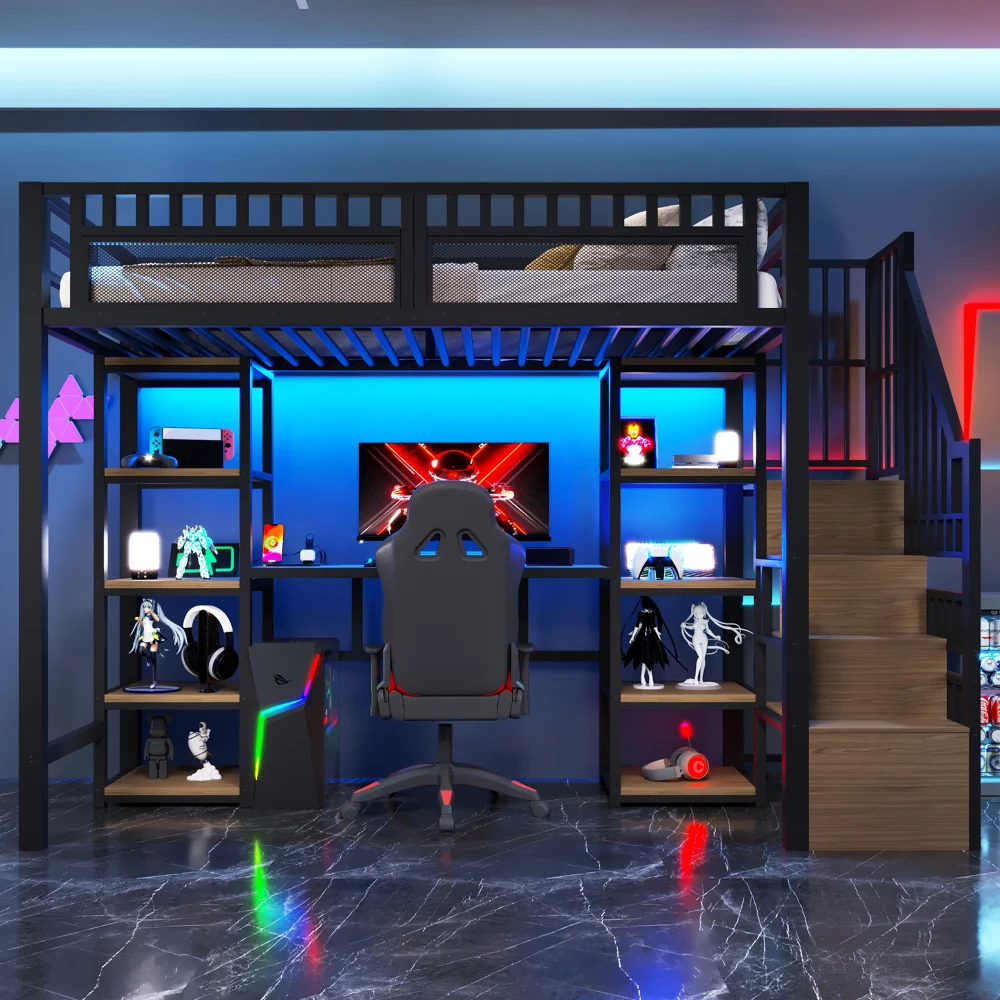 90*200cm/140*200cm Bett mit Eisenrahmen, mit LED-Lichtleiste und USB-Anschluss im Lieferumfang enthalten, hohes Bett, Leiter mit Stauraum, keine Matratze Image