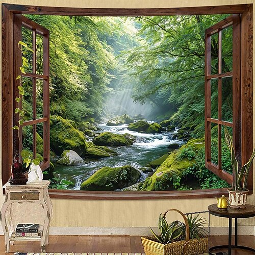 3D-Wandteppich mit Fensterblick, Wald- und Flusslandschaft, grüne Bäume, Naturmotiv, Natur, Wandbehang für Wohnzimmer, Heimdekoration, Wandkunst, Hintergrund, Stoffposter Image