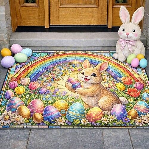 Oster-Fußmatte mit Osterhase, der ein glitzerndes Ei unter einem Regenbogen hält, umgeben von bunten Eiern und Blumen – die perfekte festliche Willkommensmatte Image