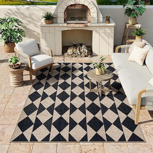 Outdoor-Terrassenteppich, waschbarer, pflegeleichter Jute-Teppich für Eingangsbereich, Wohnzimmer, Garten, Terrasse, Schlafzimmer, rutschfester Fußmatte im Landhausstil, Diamantmuster Image