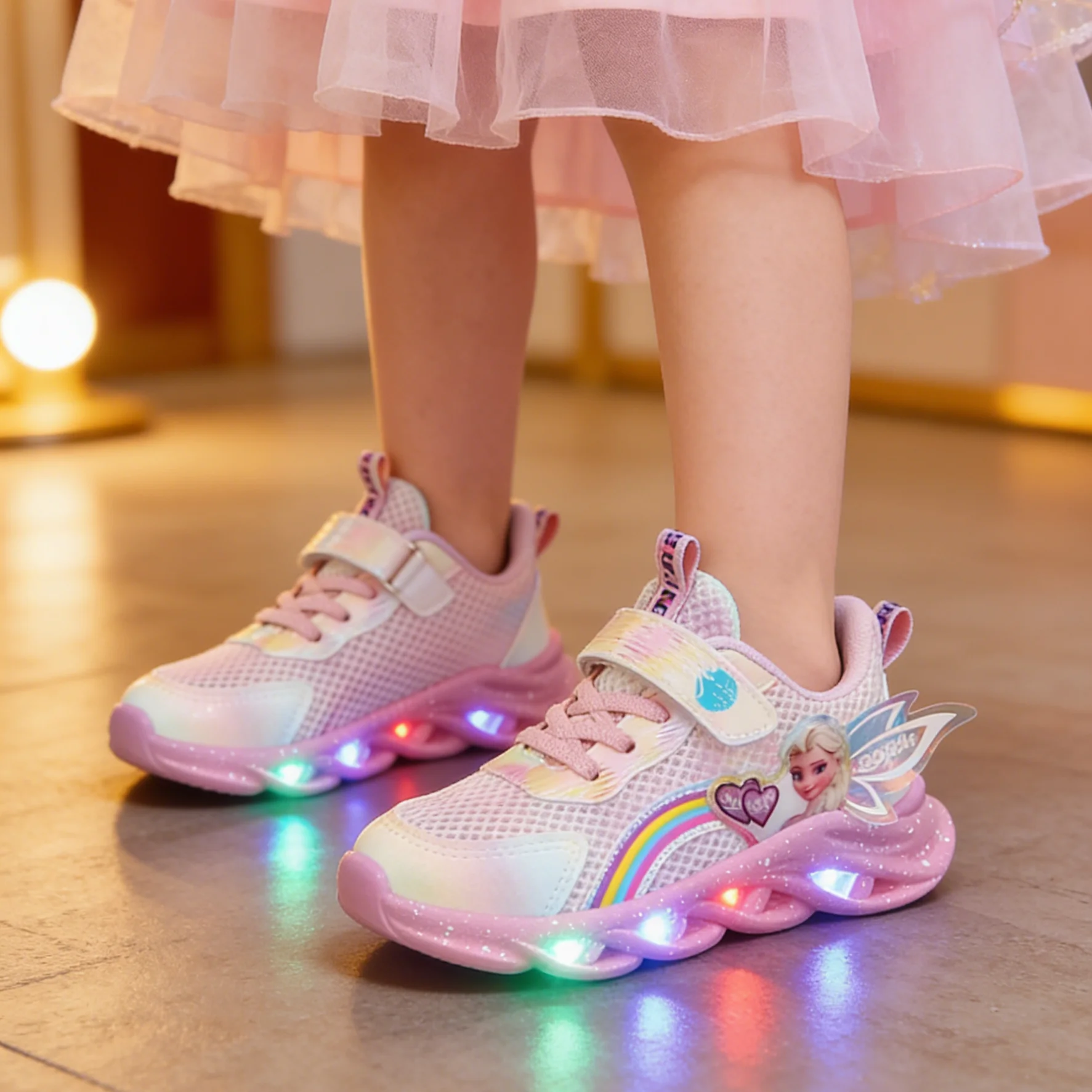 Disney Mädchenschuhe LED-Leuchten Mesh Frozen Atmungsaktive Kindersportschuhe Elsa Princess Rosa Lila PU-Lederschuhe Größe 22