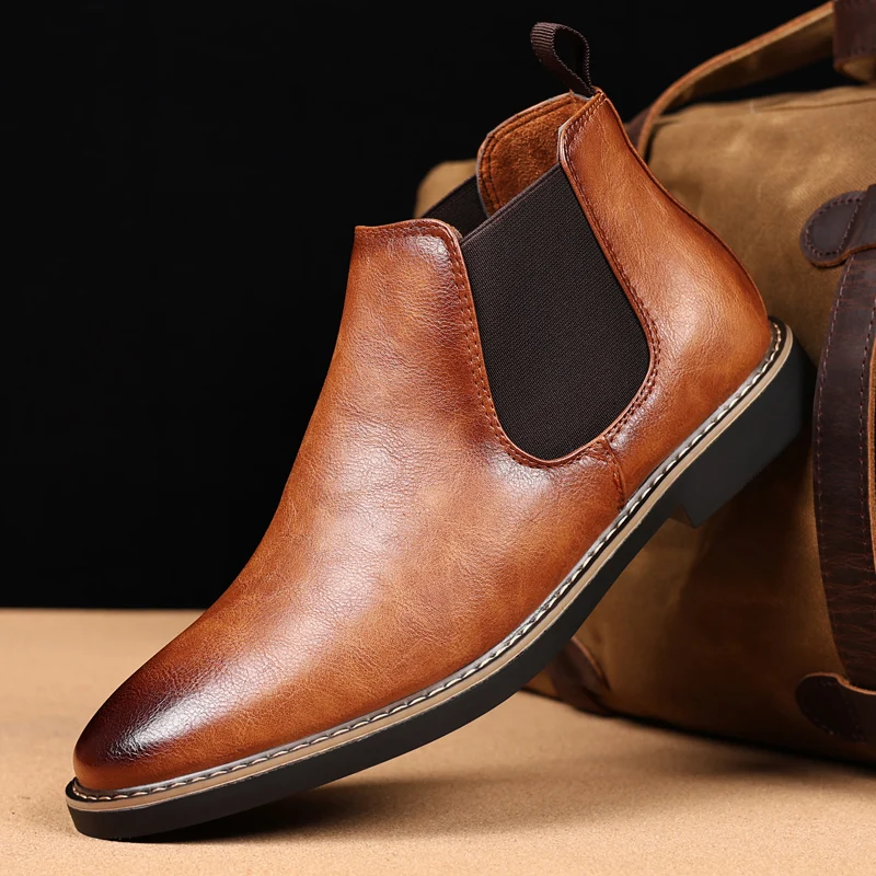 Britischer Stil Herren Chelsea-Stiefel Retro Braun Spitzschuh Stiefeletten Mann High Top Lederschuhe Herren Slip-on-Stiefel Große Größe 47