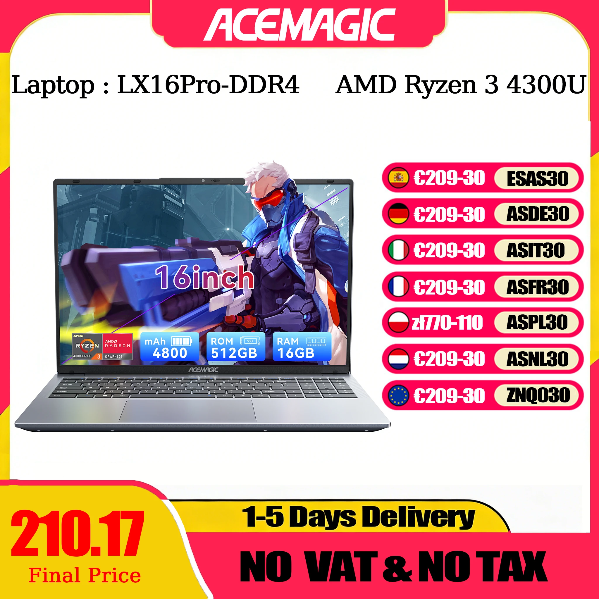 ACEMAGIC LX16Pro Laptop-Computer AMD Ryzen 3 4300U Windows Laptop 16-Zoll IPS 16 GB DDR4 512 GB NVMe SSD Numerische Tastatur Image
