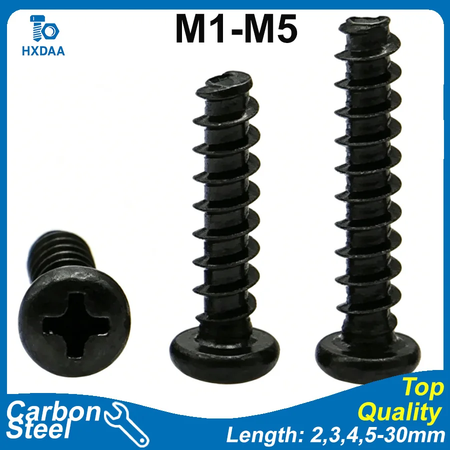 Vis autotaraudeuses à tête cylindrique cruciforme en acier au carbone noir M1 M1.2 M1.4 M1.5 M1.6 M1.7 M2 M2.2 M2.3 M2.5 M2.6 M3 M3.5 M4 M5