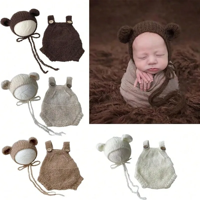 2 teile/satz Baby Bär Kostüm Neugeborenen Fotografie Outfits Gestrickte Bär Hut und Overall Set für Kleinkind Mädchen/junge Fotos zubehör Image