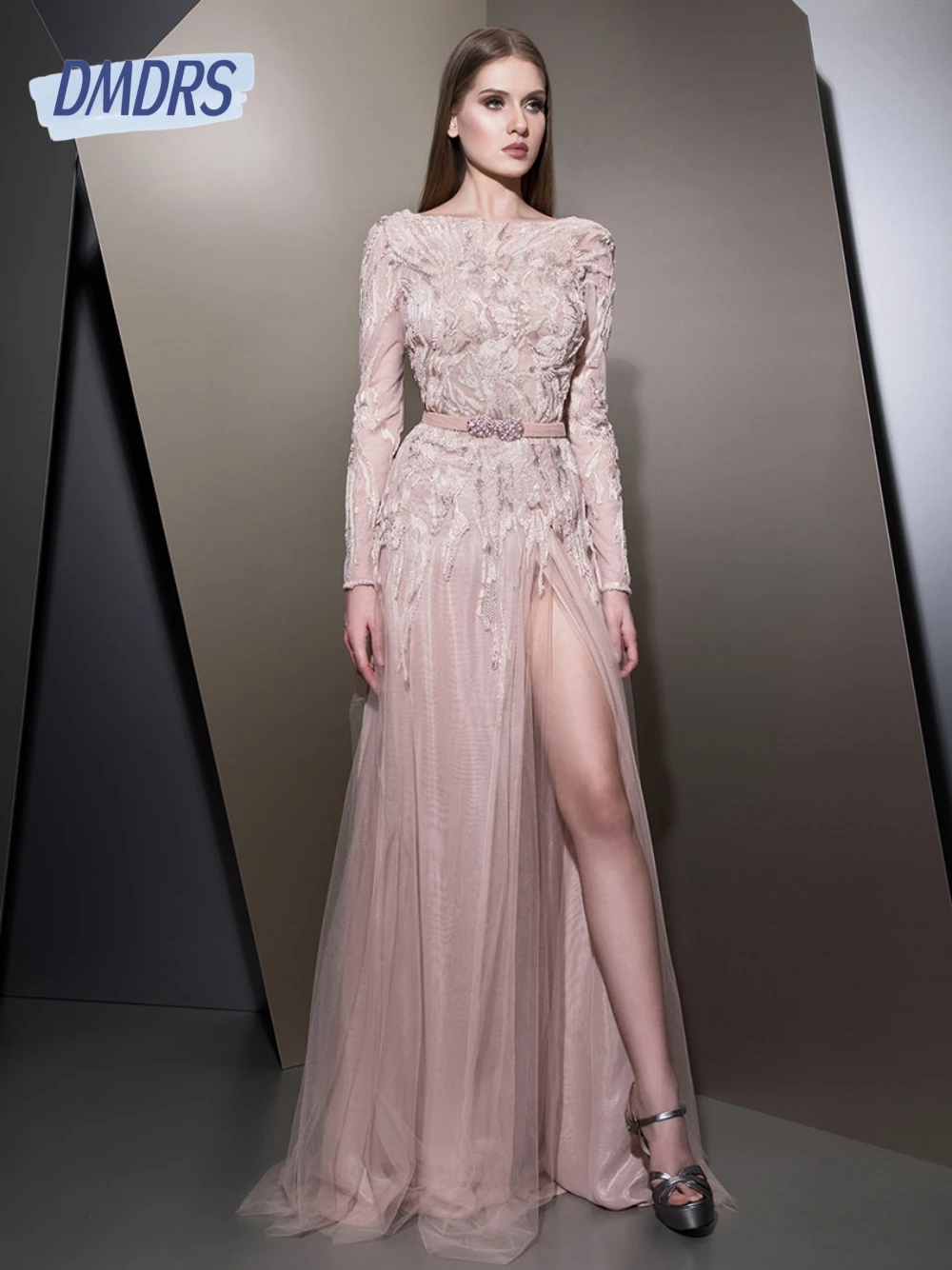Elegantes Damen-Abendkleid mit U-Boot-Ausschnitt und Stickerei in A-Linie, rosa Perlen-Party-Abschlussballkleid, individuelles modisches Cocktailkleid
