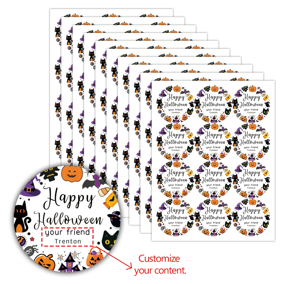 120 Stück/10 Blatt individuelle Namens-Happy-Halloween-Aufkleber, personalisierte Süßes oder Saures-Etikett für Süßigkeiten, Geschenktüten, Halloween-Party-Geschenkdekoration Image