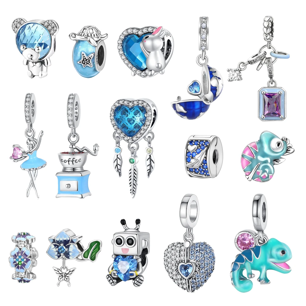 Blaue Serie 925 Sterling Silber Eidechsen-Herz Roboter Kaffee Mit Blumen Charms Passend für DIY Armband Halskette Casual Party Geschenke