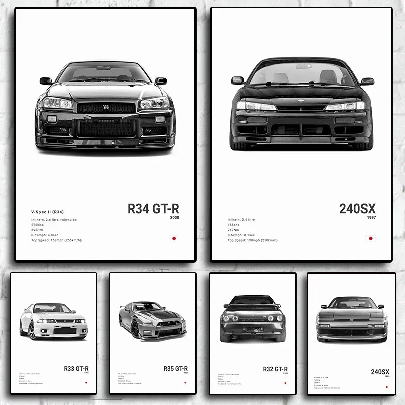 Pop Black and White Japan Cars Luxus Super Sport Car Poster Ästhetisches R34 Gtr 240sx Leinwanddruck für Wandkunst Garage Zimmer De