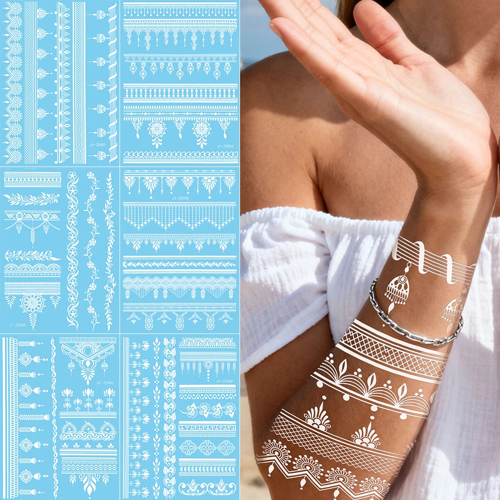 Wasserdichte weiße Henna-Spitze temporäre Tattoos für Frauen, Blumen-Fake-Tattoo-Aufkleber für Frauen, Hochzeit, Party, Körperkunst-Abziehbilder Image