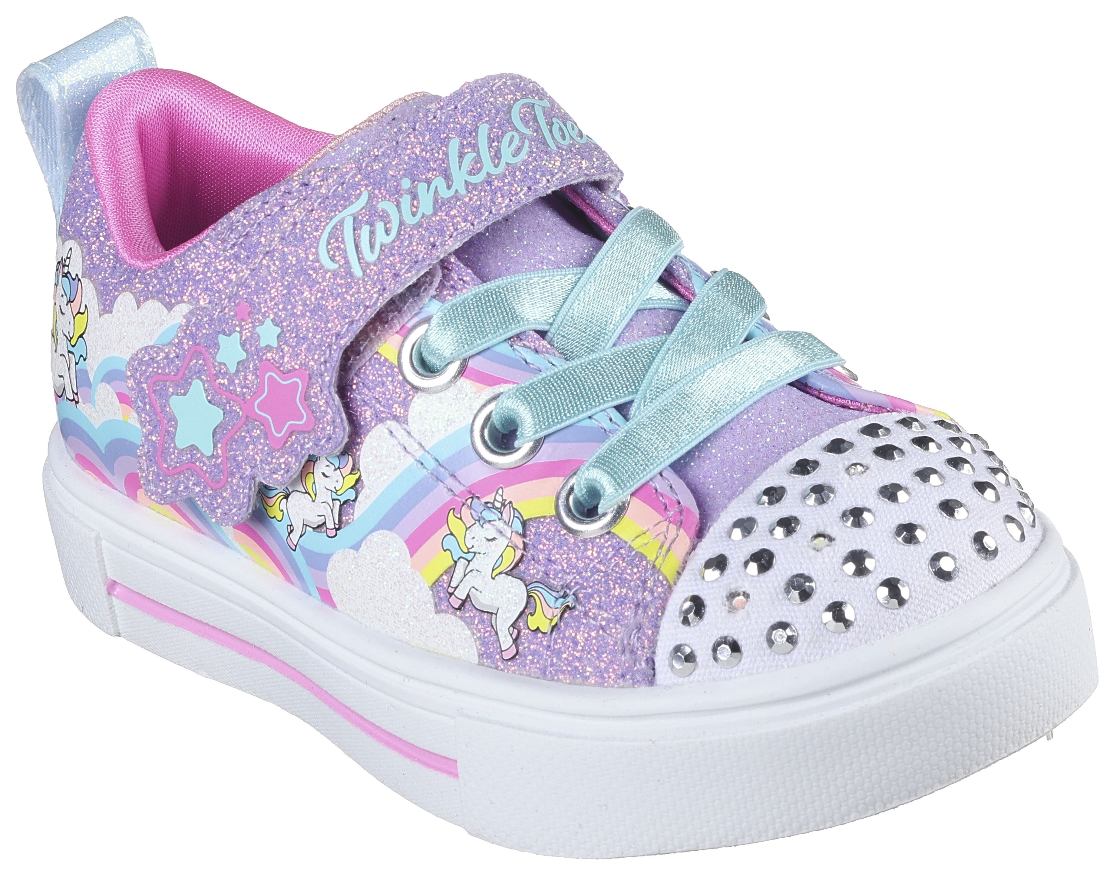 Lauflernschuh SKECHERS "TWINKLE SPARKS - JUMPIN CLOUDS", Baby, Gr. 22, bunt (lavendel, multi), Lederimitat, Synthetik, Glitzer, Schuhe Lauflernschuh, Blink,-Klettschuh mit Nieten, Größenschablone zum Download