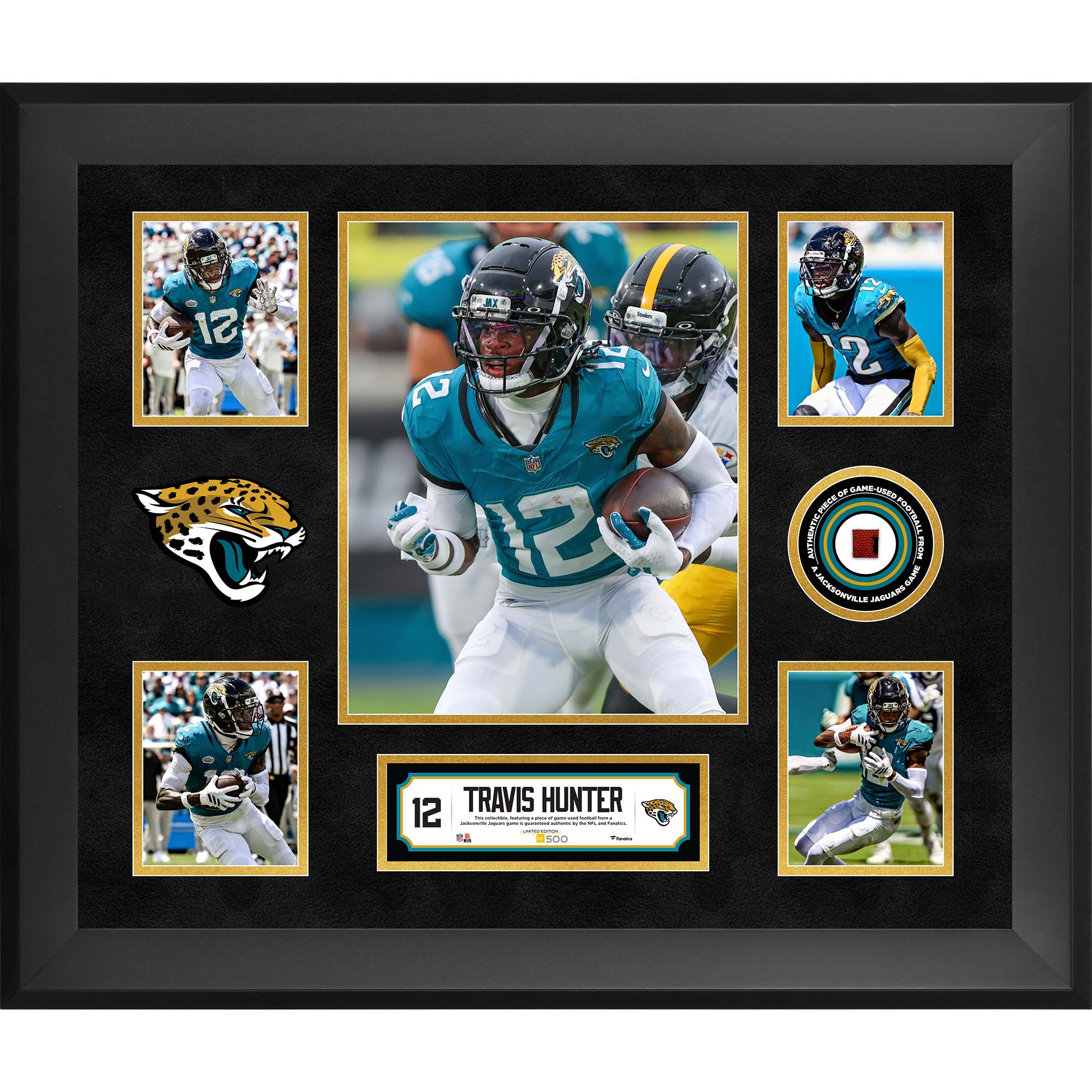 Travis Hunter Jacksonville Jaguars Gerahmte 5-Foto-Collage (50,8 x 61 cm) mit einem Stück eines im Spiel verwendeten Footballs – Limitierte Auflage von 500 Stück Image