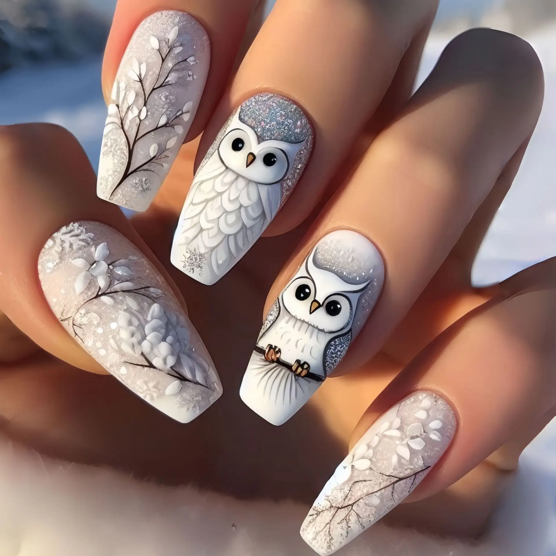 24 Stück/Set mittelgroße künstliche Nägel für Frauen, Mädchen, süßer Bär, Eule, Tiere, glänzendes, ballettförmiges Nagelspitzen-Design, zum Aufdrücken falscher Nagelkunst Image