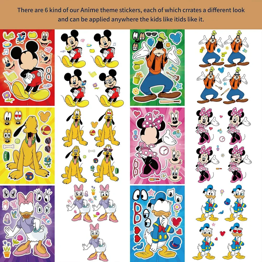 6/12 Blatt Disney Mickey Mouse Make-a-Face Puzzle Aufkleber DIY Telefon Laptop Gepäck Skateboard Graffiti Aufkleber Spaß für Kinder Geschenk