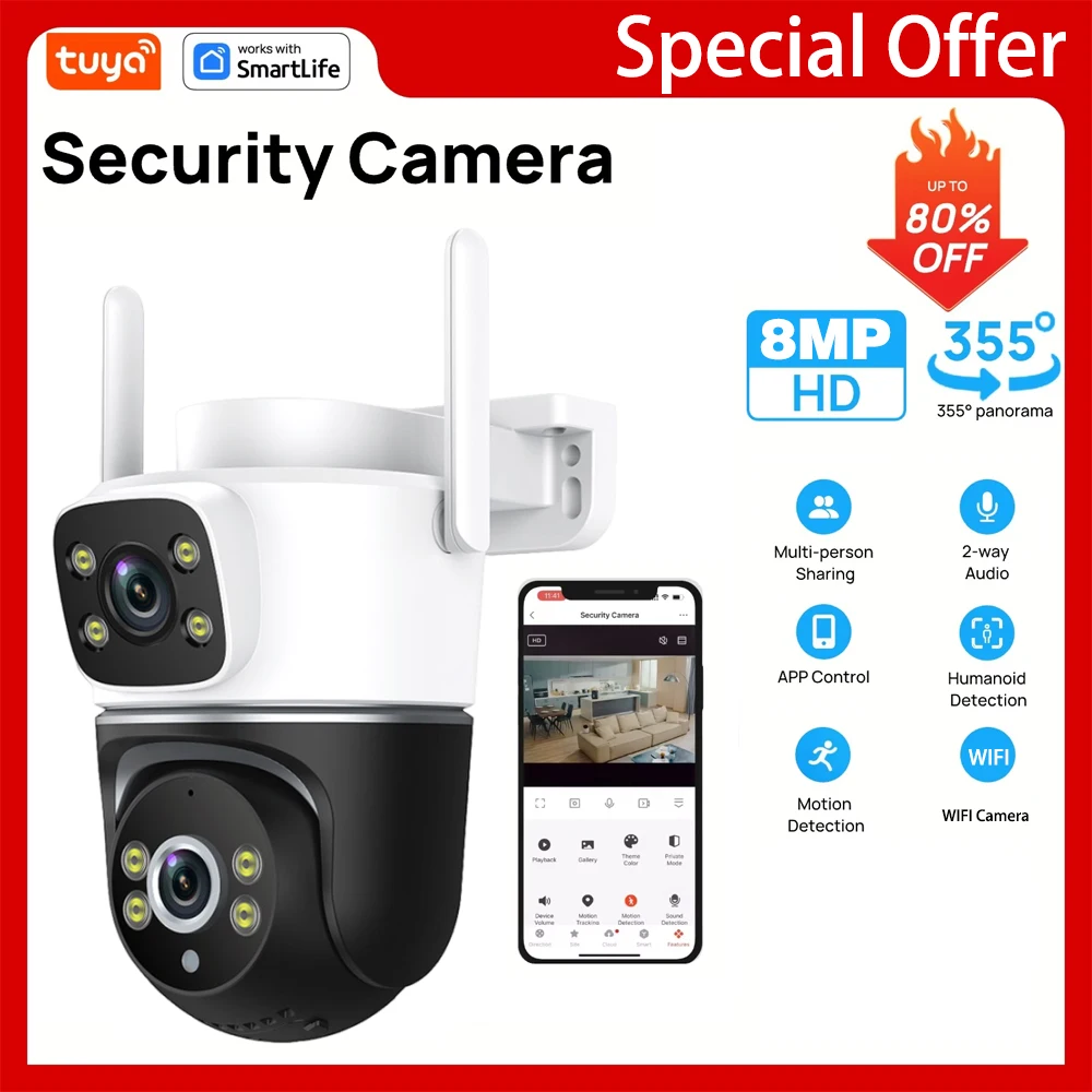 Smart Tuya 8MP 4K Dual-Objektiv-Überwachungskamera für den Außenbereich 360 ° PTZ Auto Tracking & Split-Screen WiFi Zwei-Wege-Audioüberwachungssystem Image