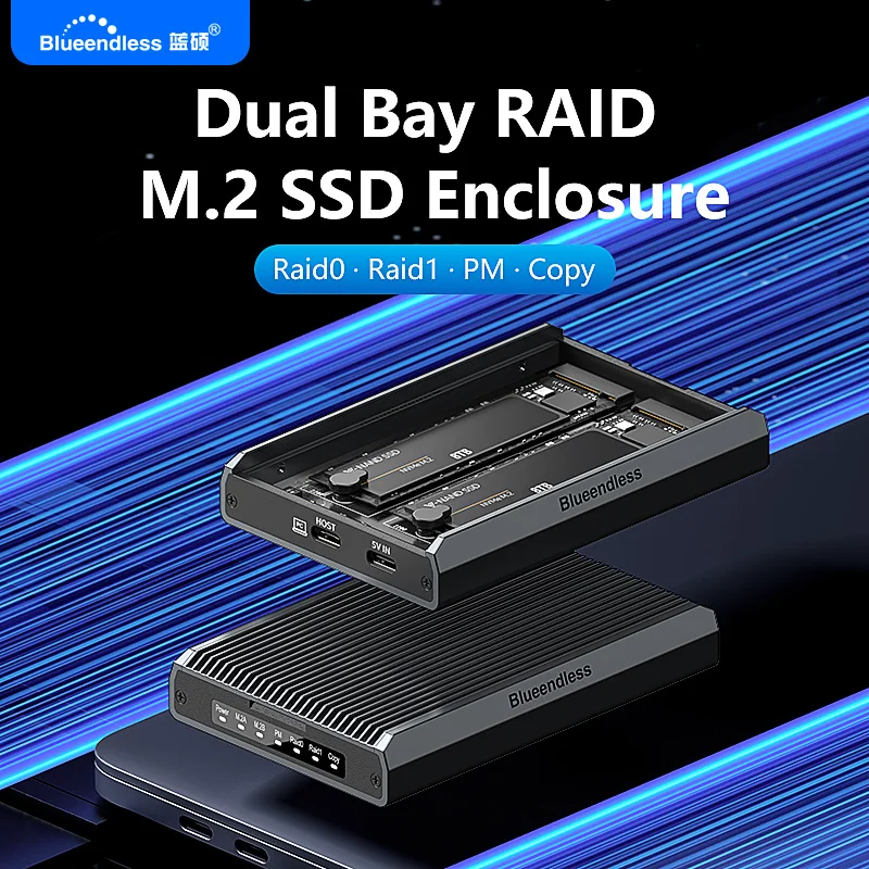 Blueendless 2-Bay RAID M.2 SATA M.2 NVME SSD-Gehäuse Aluminium Dual-Bay NVMe RAID SSD-Gehäuse Unterstützt Max. 16TB RAID0/1/PM-Modus Image