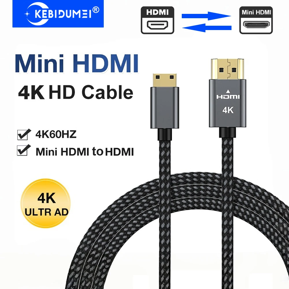 18 Gbit/s Mini-HDMI-zu-HDMI-Kabel, 4K, 60 Hz Mini-HDMI 2.0-Kabel, geflochtener Hochgeschwindigkeits-HDMI-Adapter, bidirektionales Kabel für HDTV-Kamera Image