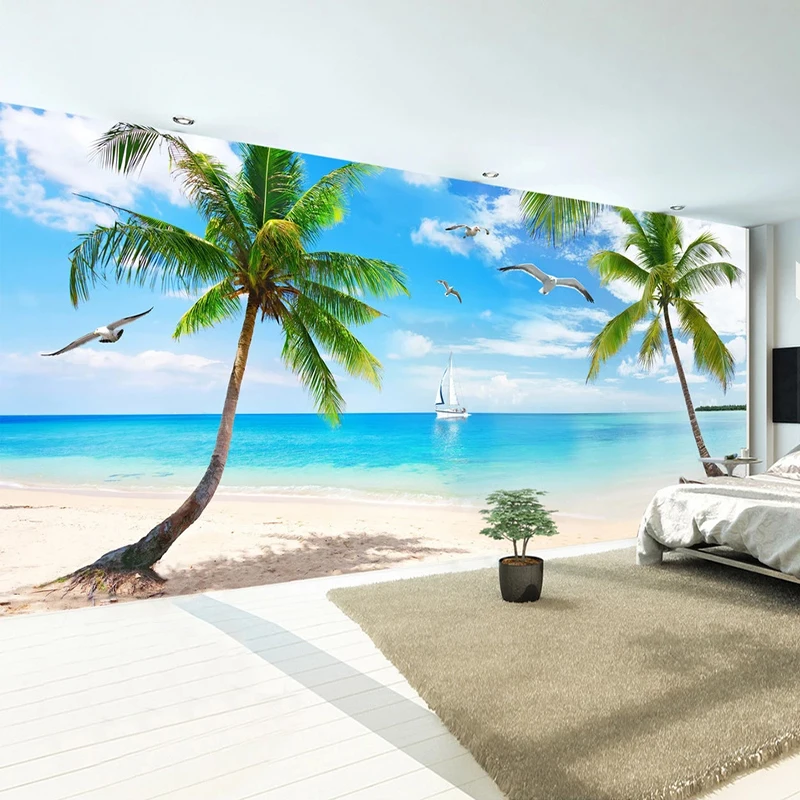 Benutzerdefinierte 3D Foto Tapete Meereslandschaft Möwe Kokospalme Strand Wandmalerei Wohnzimmer Schlafzimmer Restaurant Wandbild Papel De Parede