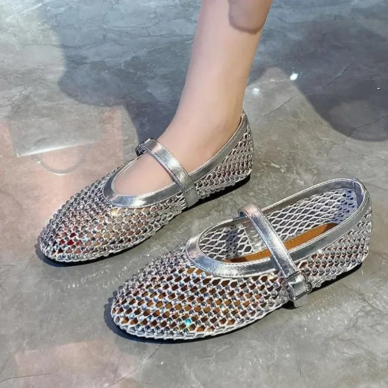 Luxus Kristall Strass Fishnet Ballerinas Frau Marke Design Niet Mesh Mary Jane Schuhe Damen Sommer Faulenzer Plus Größe 42