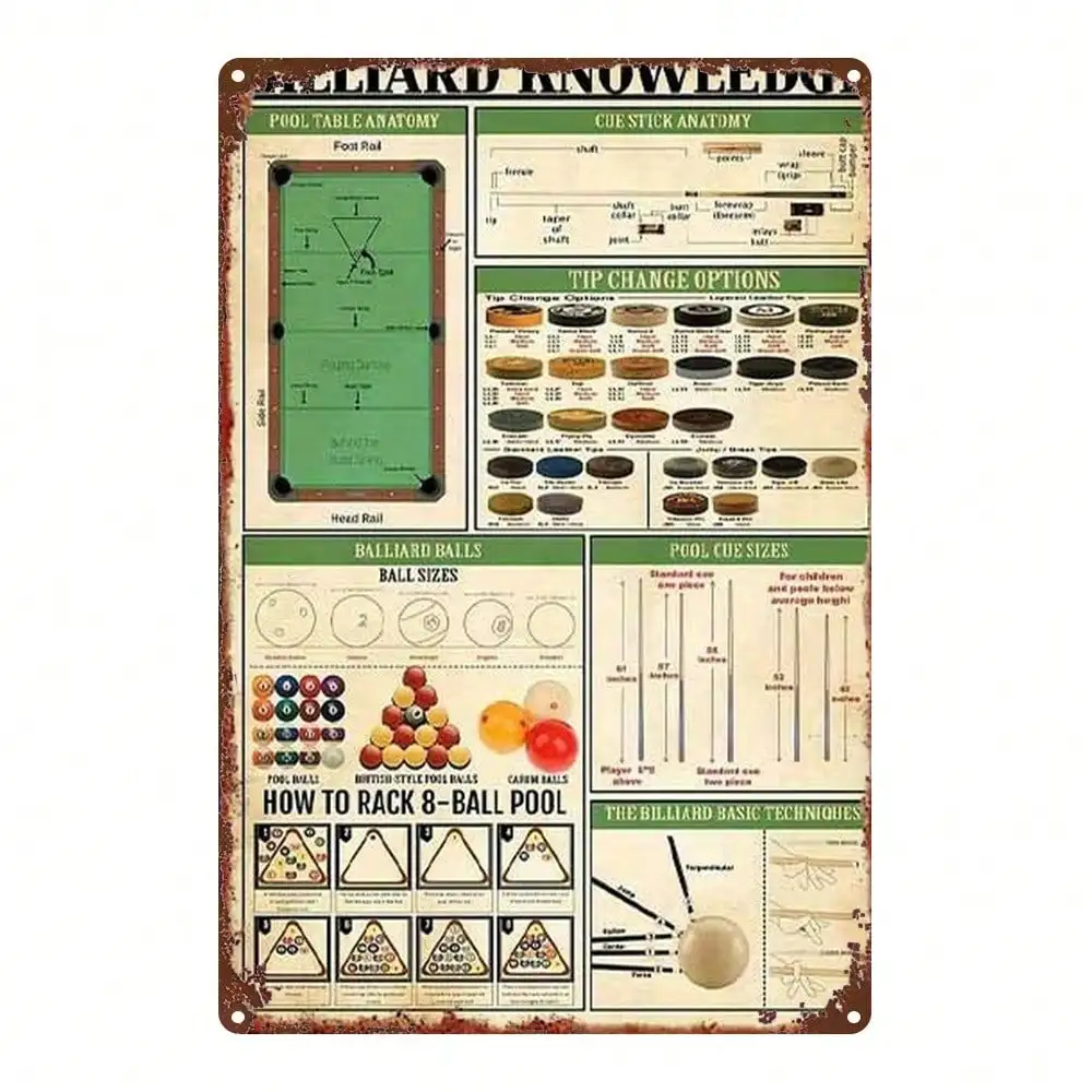 Vintage Eisen Wandkunst Plakette 8x12 Zoll Retro Billard Billardtisch Regeln Diagramm mit Queue Ball Dekor Image